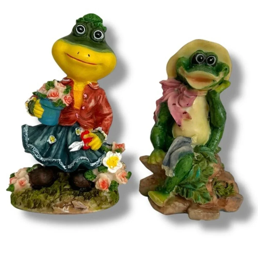 Vintage Frog Figurines Gardening Theme 4”-5” Intricate Carving 2 PC Collectible
